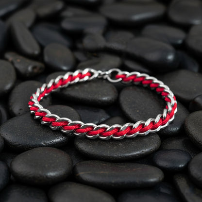 PULSERA CADENA DE ACERO CORDON ROJO