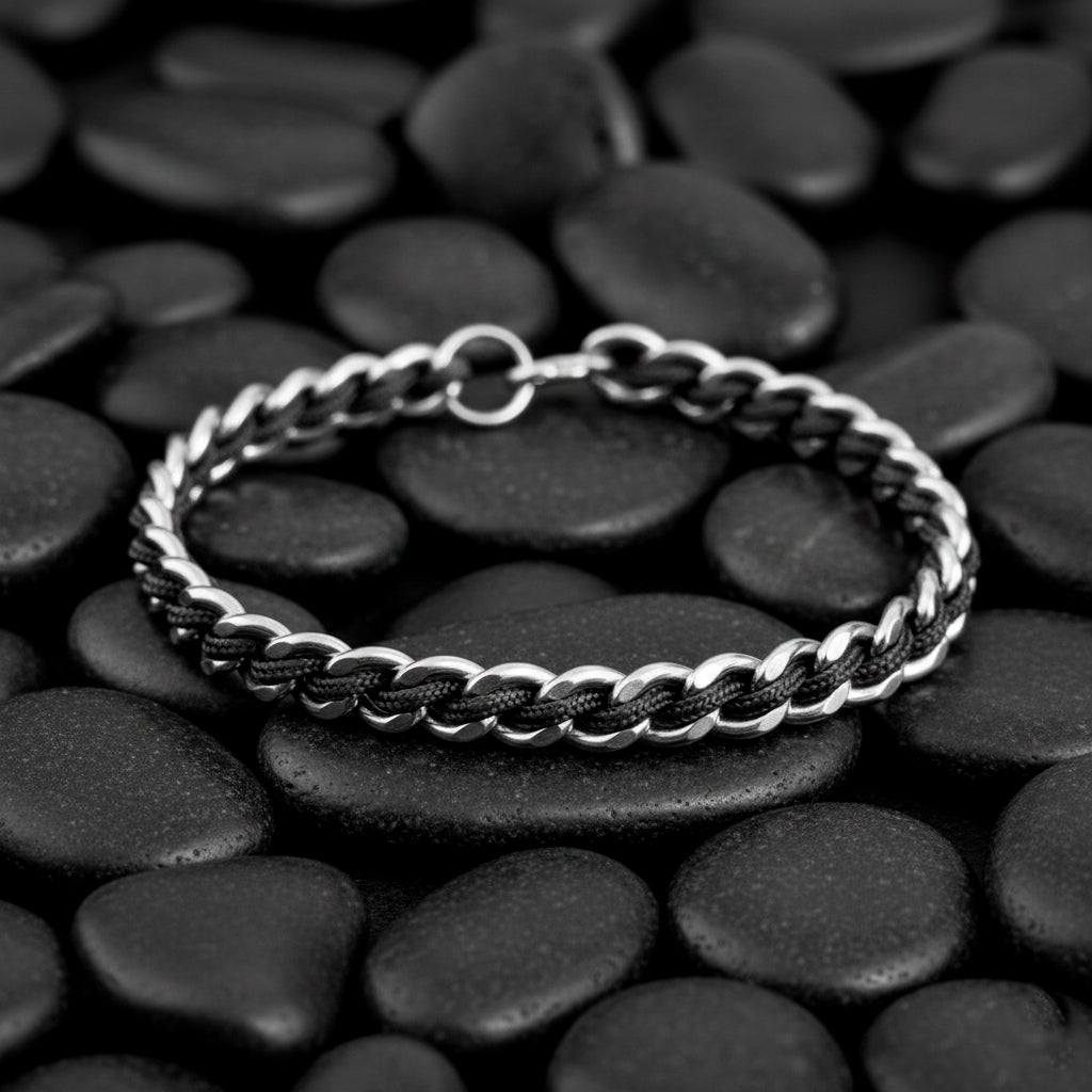 PULSERA CADENA DE ACERO CORDON NEGRO