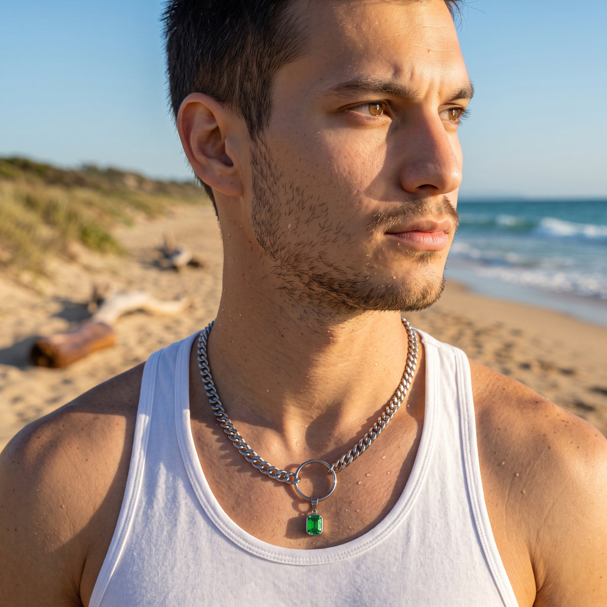 SQUARE GREEN CRYSTAL STEEL CHAIN