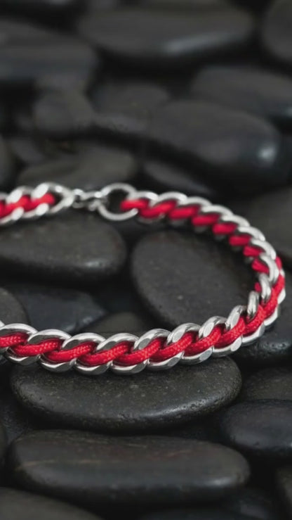 PULSERA CADENA DE ACERO CORDON ROJO